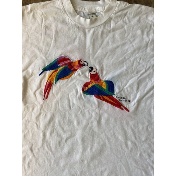 Vtg Pinto Ecuador Amazonico Embroidered Parrot White Shirt Men's L Single Stitch - Picture 3 of 6
